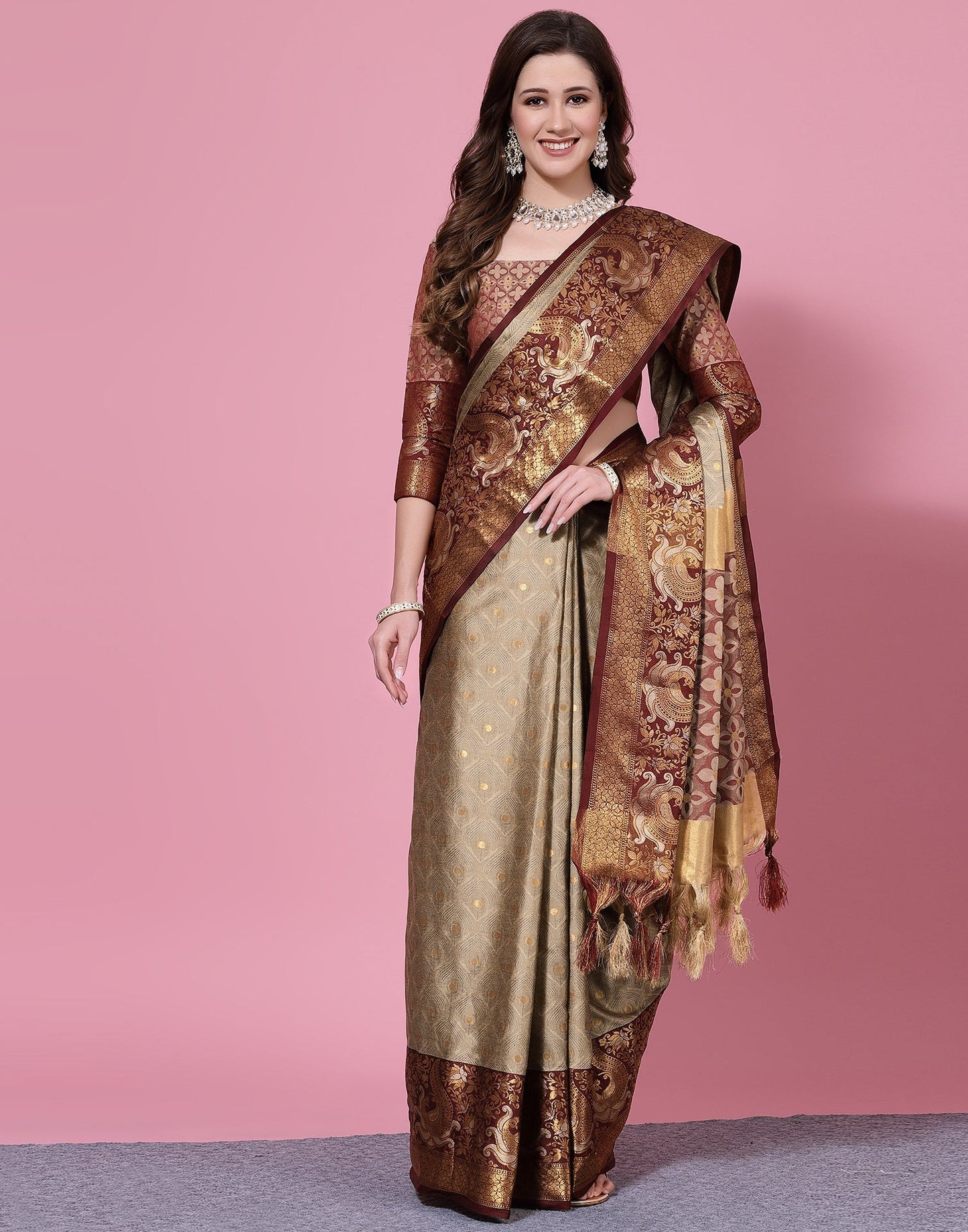 Beige Kanjivaram Silk Saree | Leemboodi