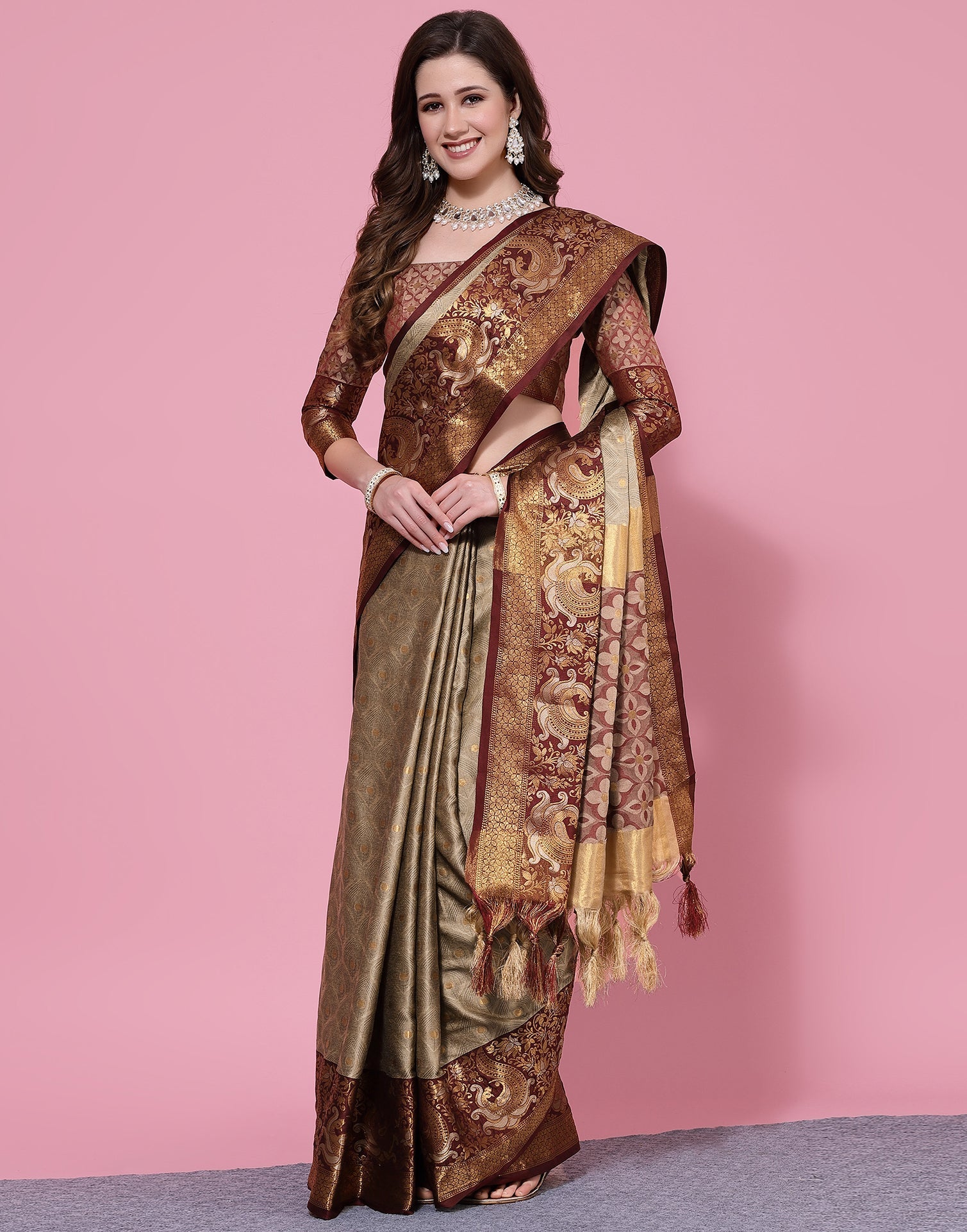 Beige Kanjivaram Silk Saree | Leemboodi