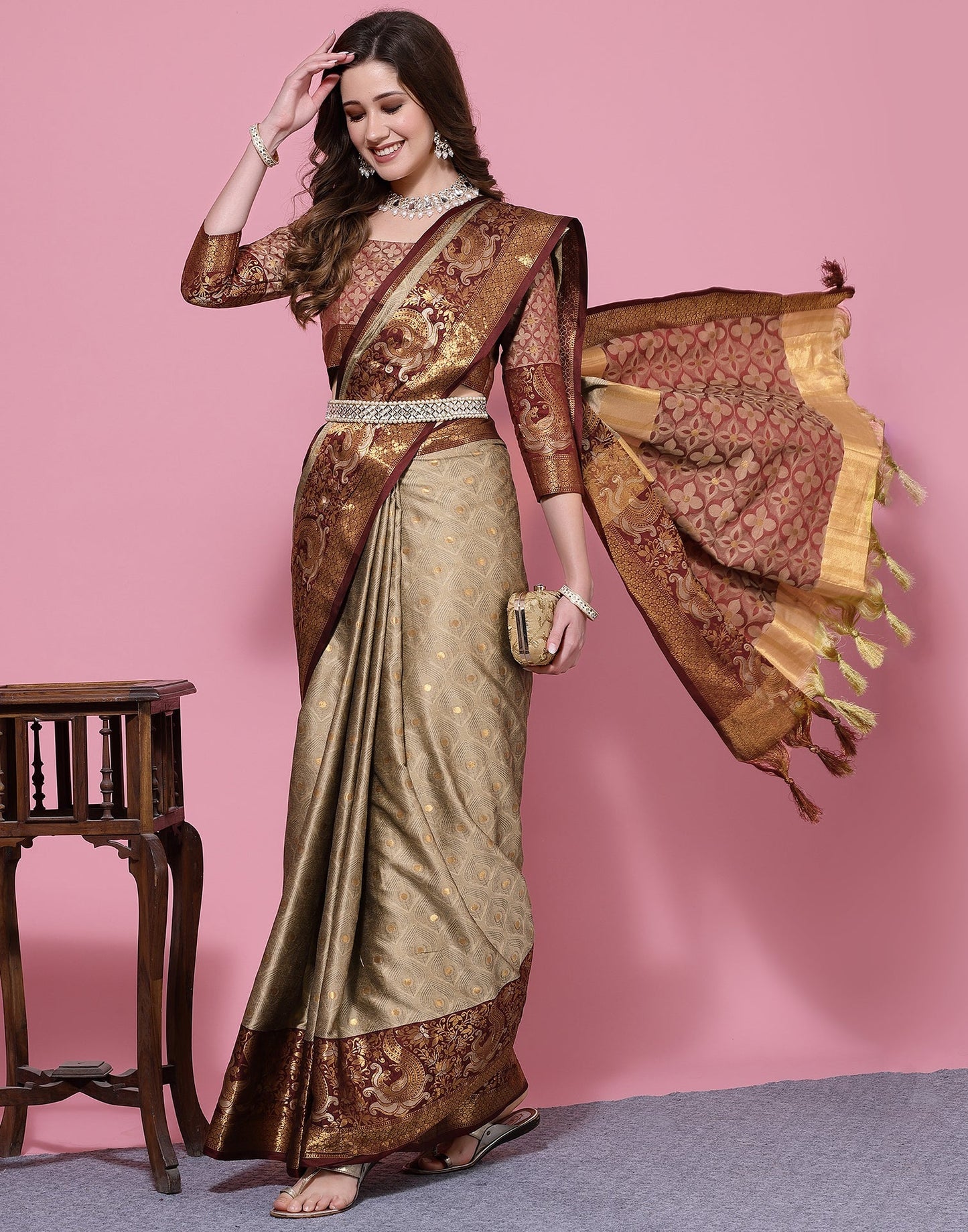 Beige Kanjivaram Silk Saree | Leemboodi