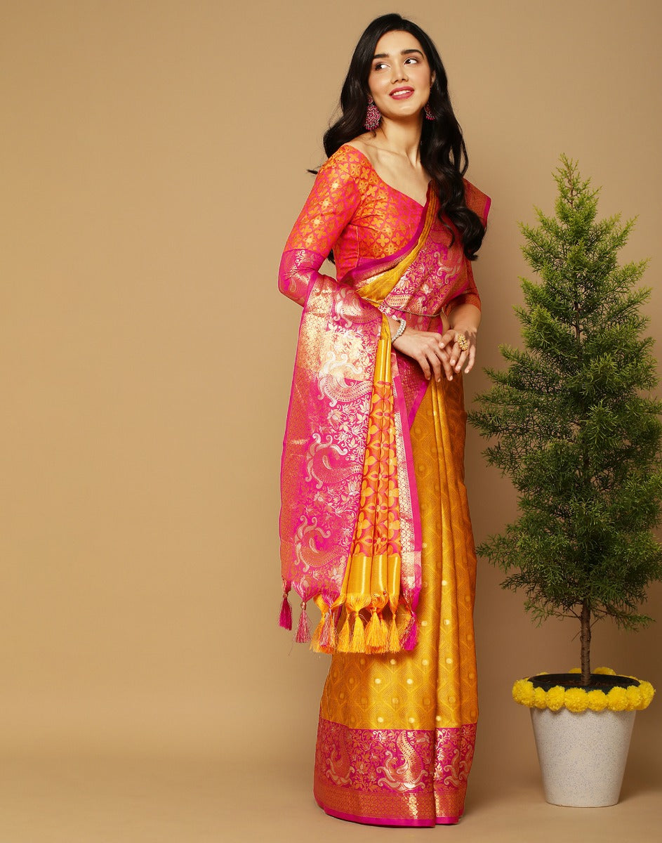 Mustard Yellow Banarasi Silk Saree | Sudathi