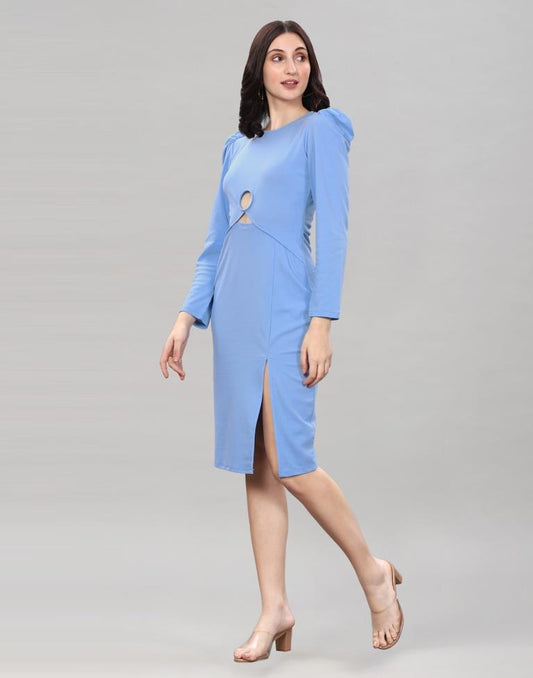 Light Blue Puff Sleeve Bodycon Dress | Sudathi