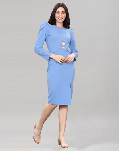 Light Blue Puff Sleeve Bodycon Dress | Sudathi
