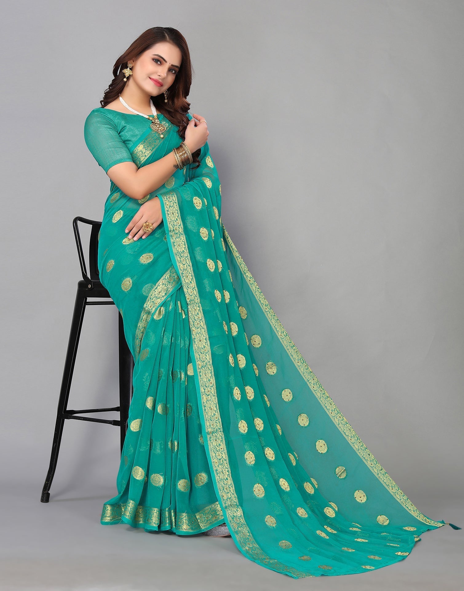 Rama Green Chiffon Banarasi  Saree | Sudathi