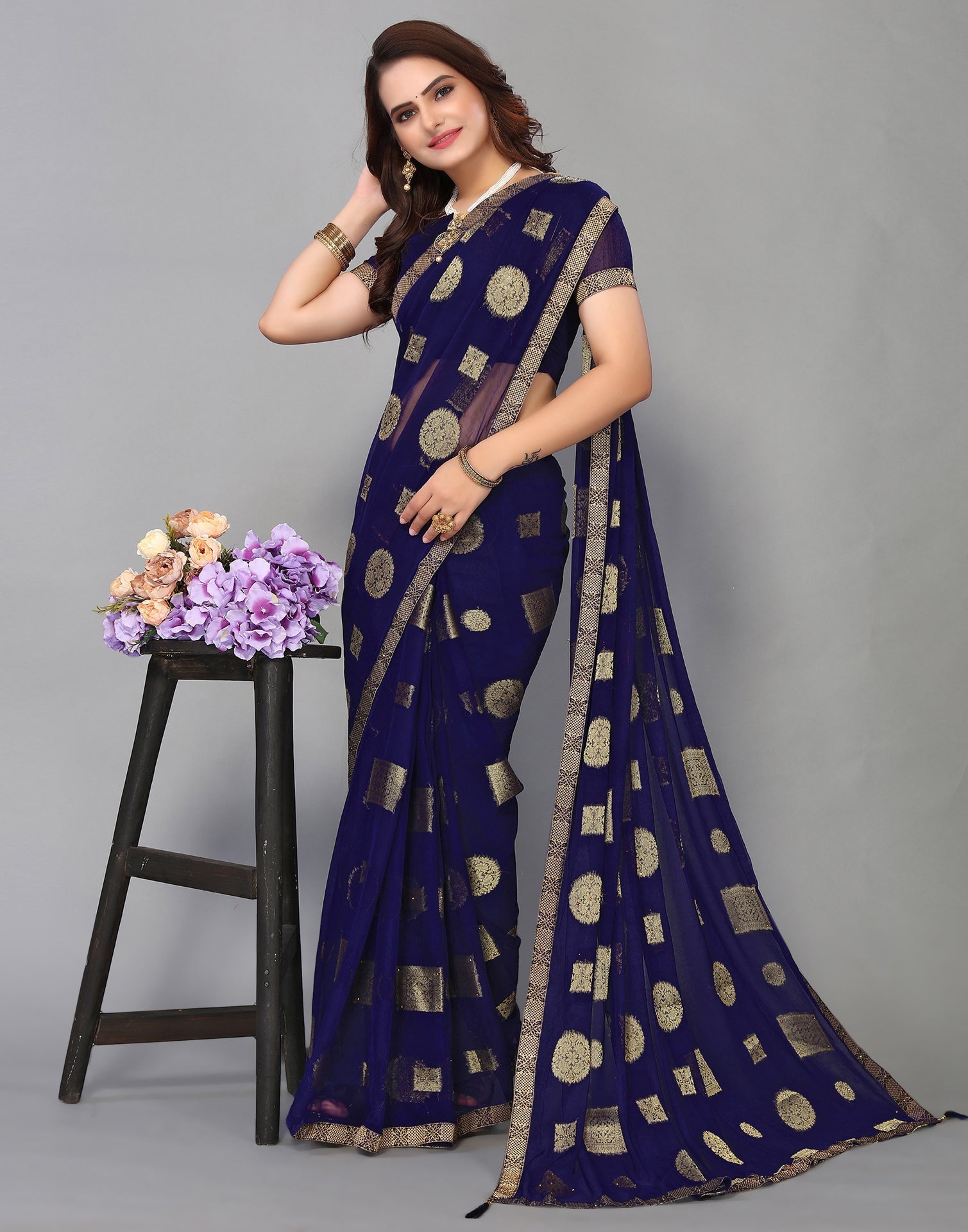 Navy Blue Chiffon Saree | Sudathi