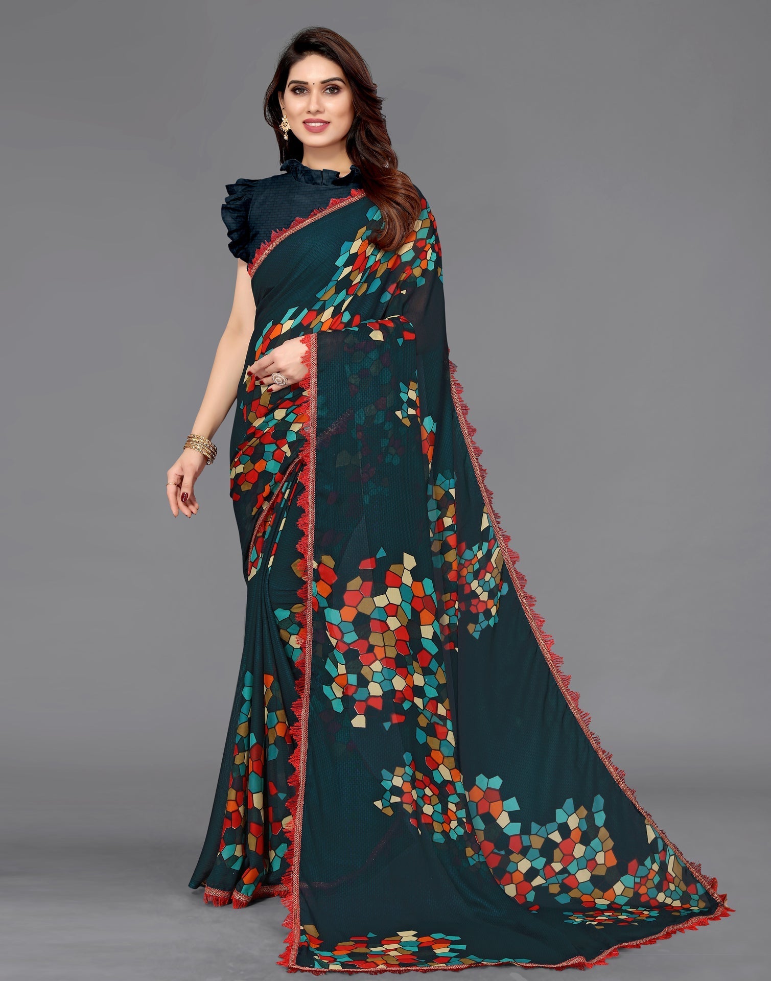 Dark Rama Blue Georgette Saree | Sudathi