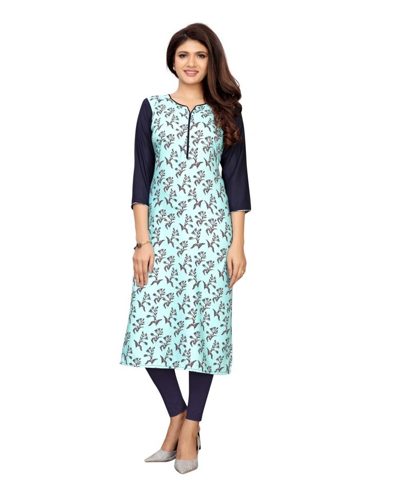 Affluent Turquoise Coloured Printed Poly Rayon Kurti | Leemboodi