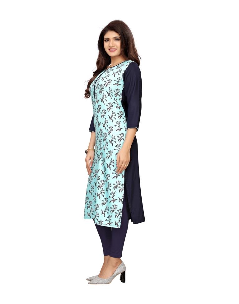 Affluent Turquoise Coloured Printed Poly Rayon Kurti | Leemboodi