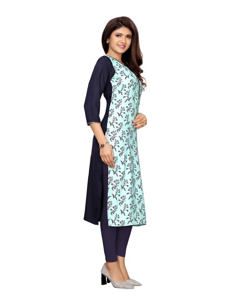 Affluent Turquoise Coloured Printed Poly Rayon Kurti | Leemboodi