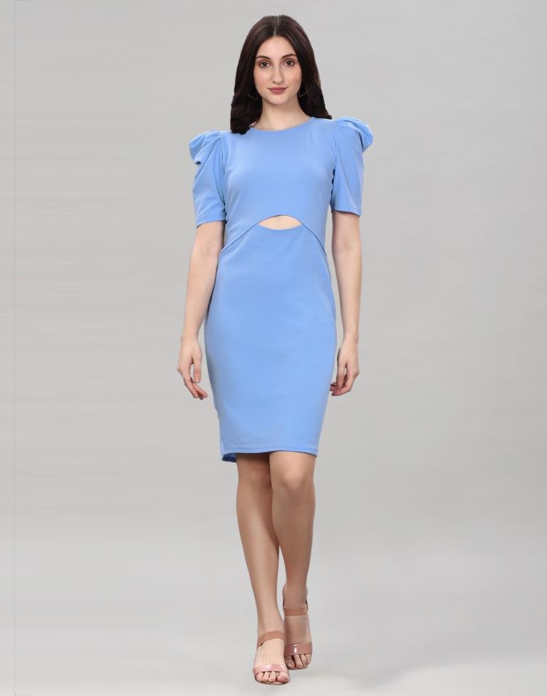 Light Blue Puff Sleeve Bodycon Dress | Sudathi