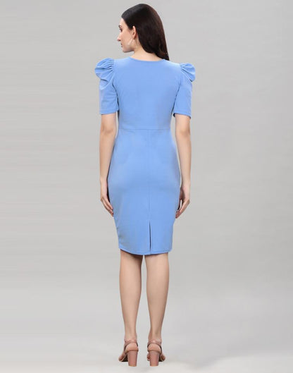 Light Blue Puff Sleeve Bodycon Dress | Sudathi