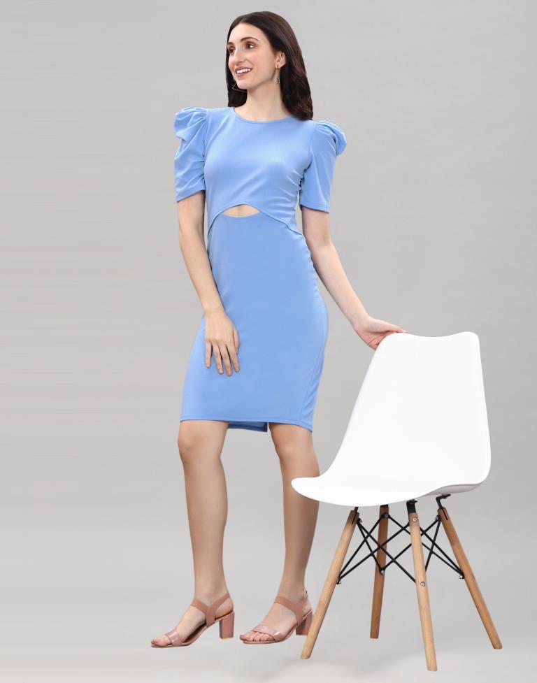 Light Blue Puff Sleeve Bodycon Dress | Sudathi