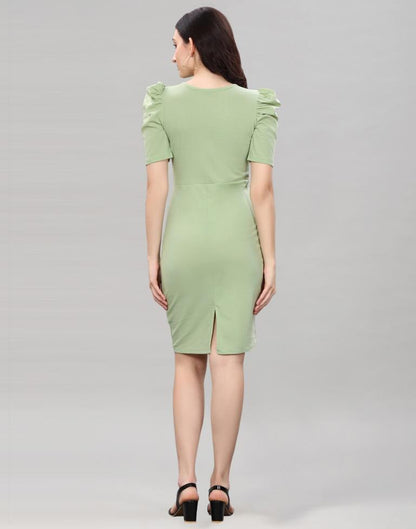 Pista Green Puff Sleeve Bodycon Dress | Sudathi