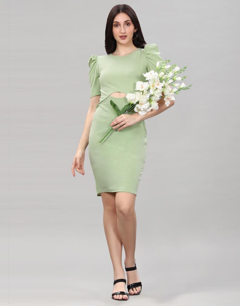 Pista Green Puff Sleeve Bodycon Dress | Sudathi