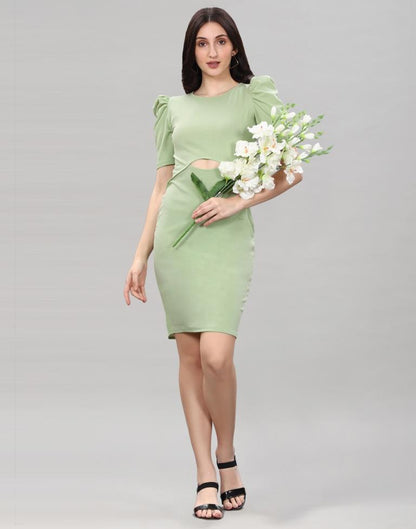 Pista Green Puff Sleeve Bodycon Dress | Sudathi