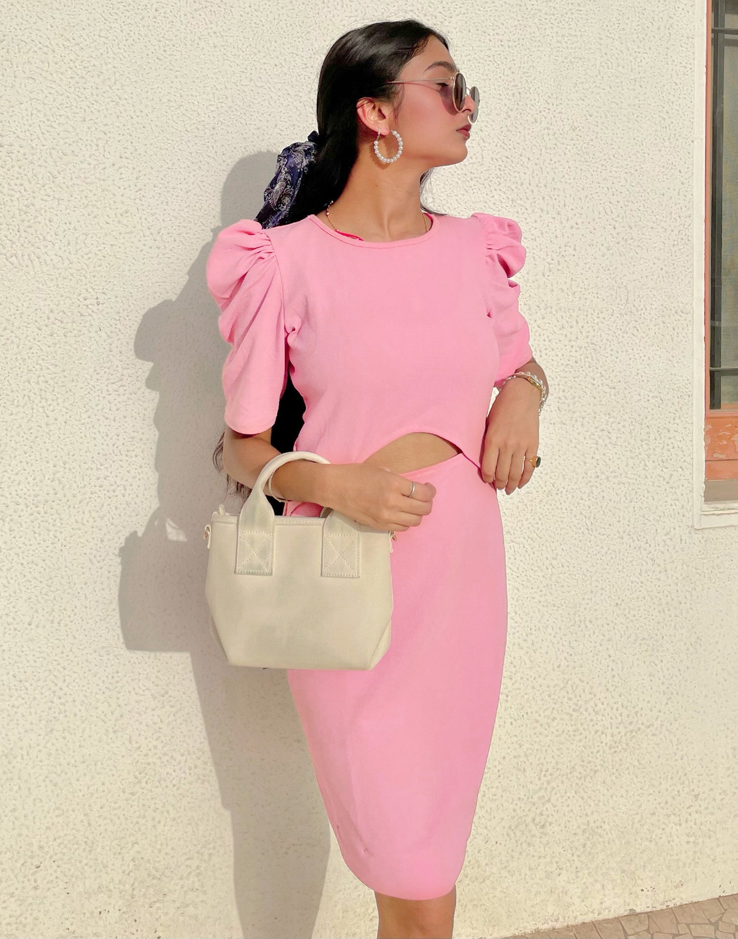 Peach Puff Sleeve Bodycon Dress | Sudathi