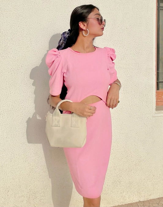 Peach Puff Sleeve Bodycon Dress