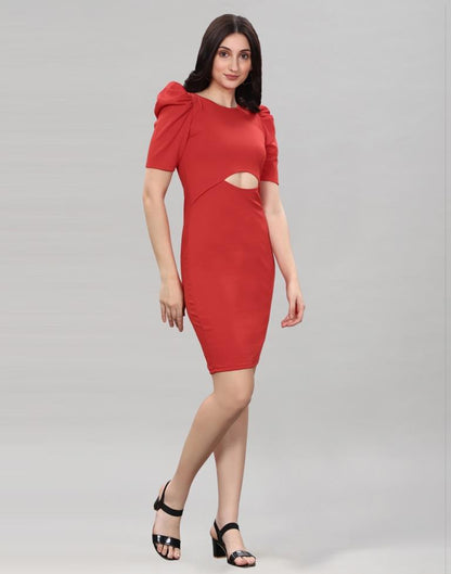 Red Puff Sleeve Bodycon Dress | Sudathi