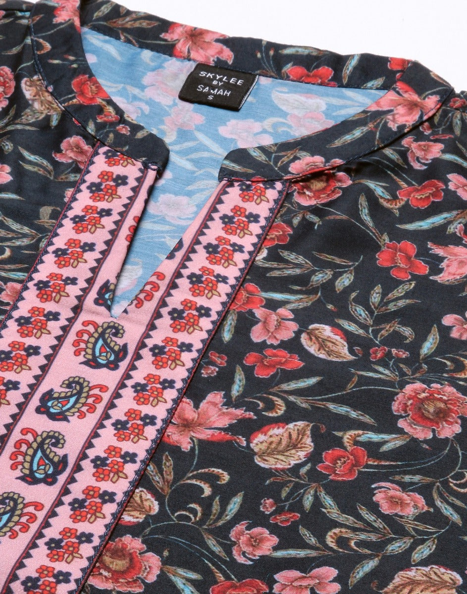 Black Floral Kurti With Pant And Dupatta | Leemboodi