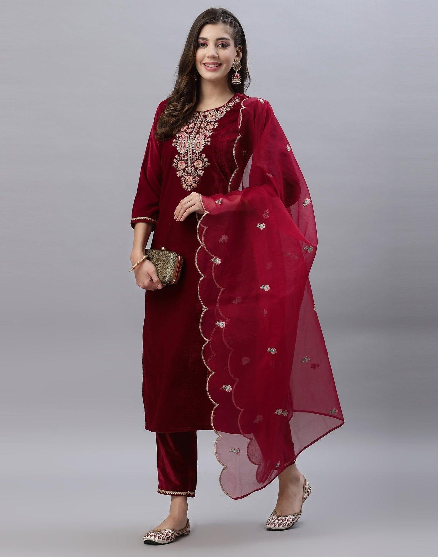 Red Kurti With Pant And Dupatta | Leemboodi