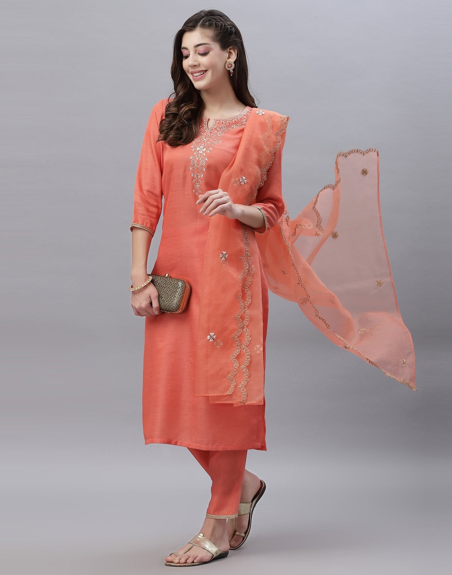 Coral Kurti With Pant And Dupatta | Leemboodi