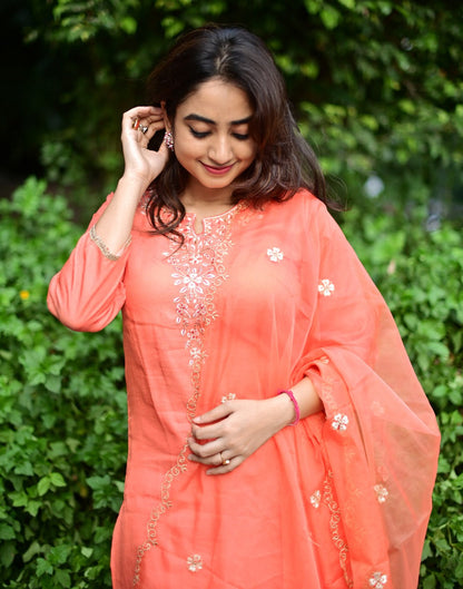 Coral Kurti With Pant And Dupatta | Leemboodi