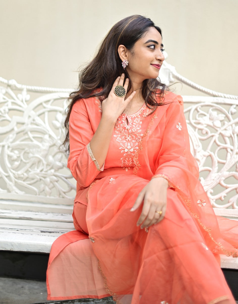 Coral Kurti With Pant And Dupatta | Leemboodi