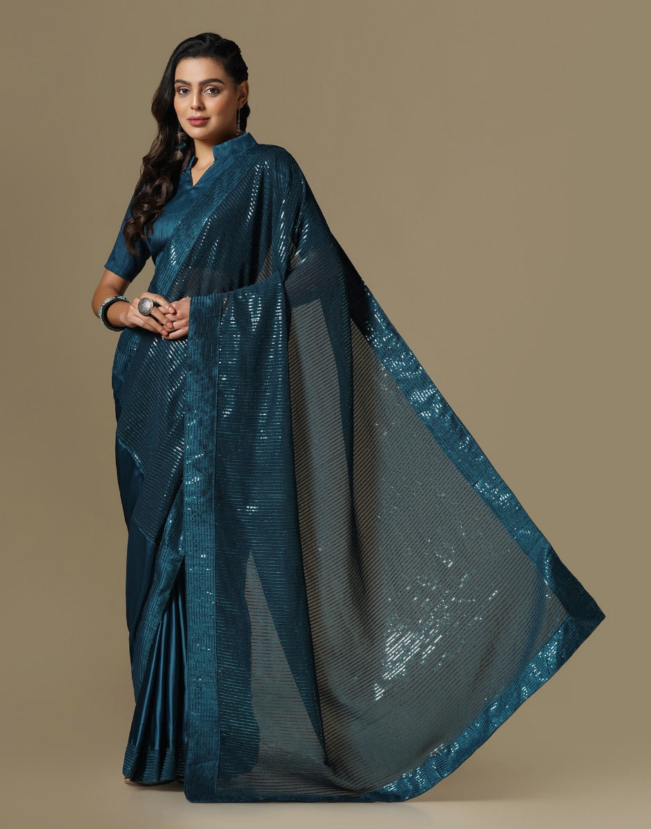 Dark Teal Georgette Sequence Saree | Leemboodi