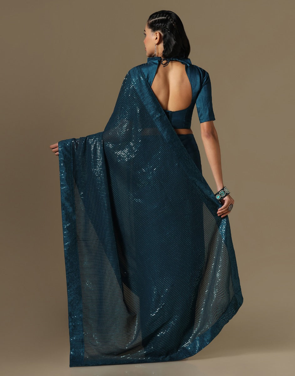 Dark Teal Georgette Sequence Saree | Leemboodi