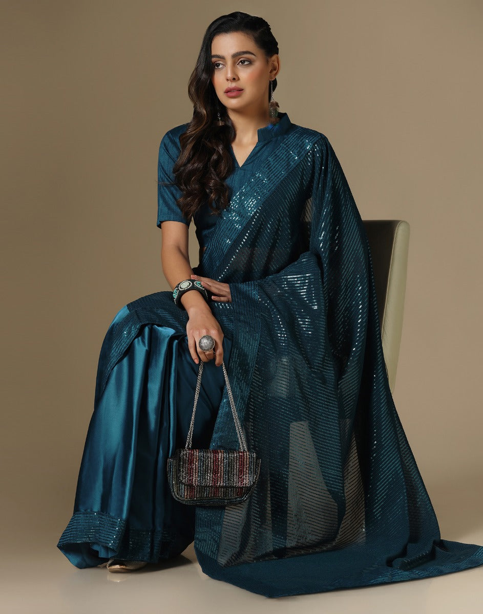 Dark Teal Georgette Sequence Saree | Leemboodi