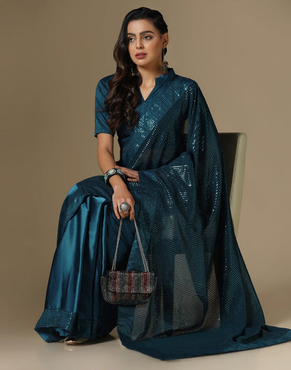 Dark Teal Georgette Sequence Saree | Leemboodi