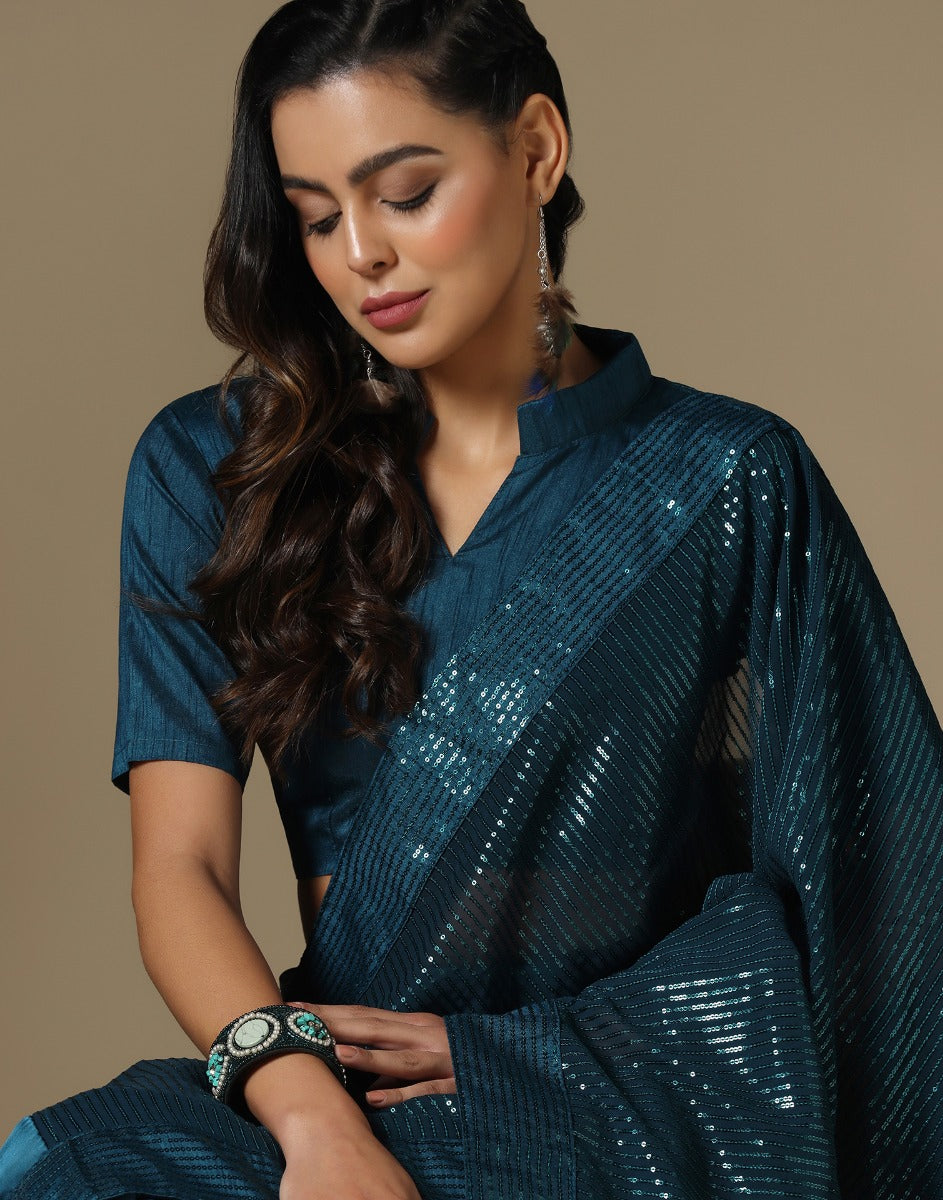 Dark Teal Georgette Sequence Saree | Leemboodi