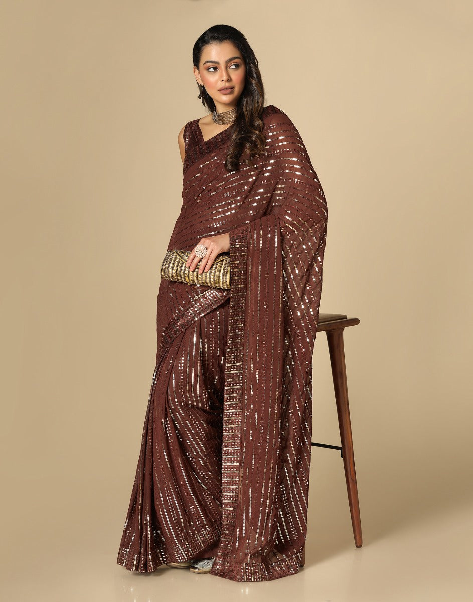Brown Georgette Sequence Saree | Leemboodi