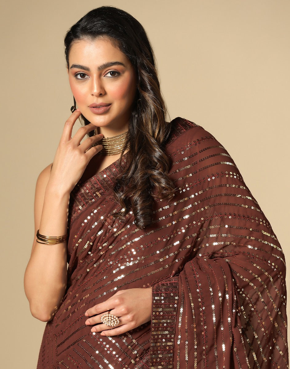 Brown Georgette Sequence Saree | Leemboodi