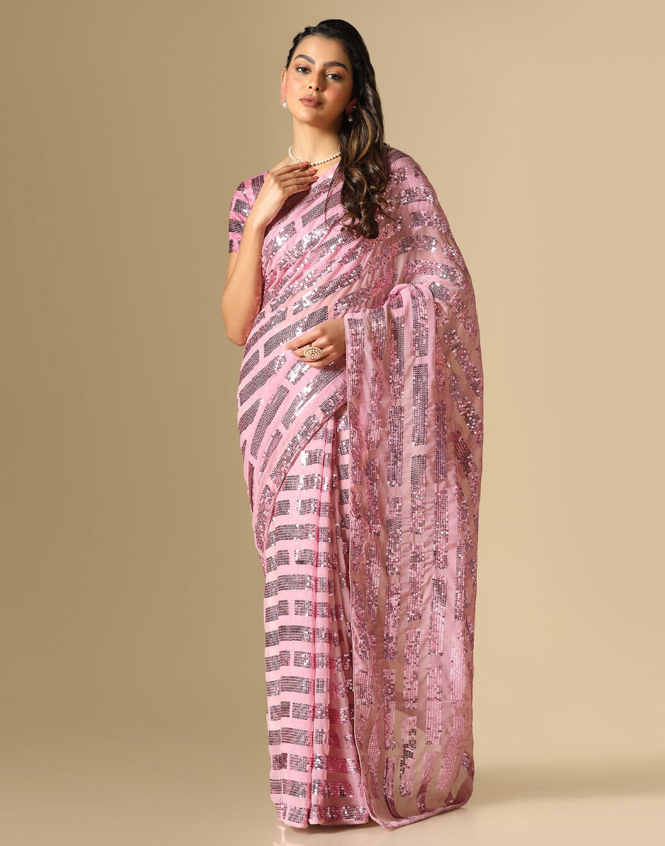 Light Pink Georgette Sequence Saree | Leemboodi