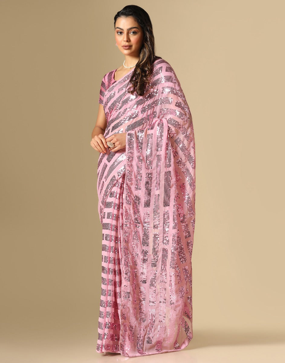 Light Pink Georgette Sequence Saree | Leemboodi