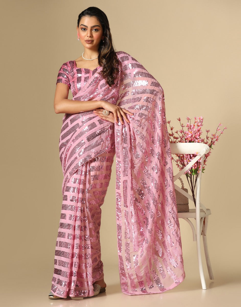 Light Pink Georgette Sequence Saree | Leemboodi