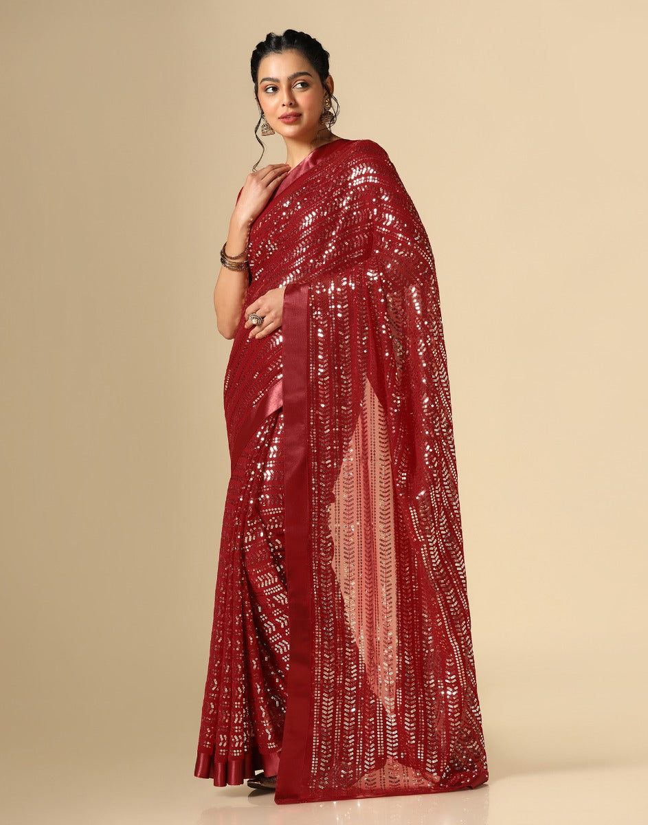 Maroon Georgette Sequence Saree | Leemboodi