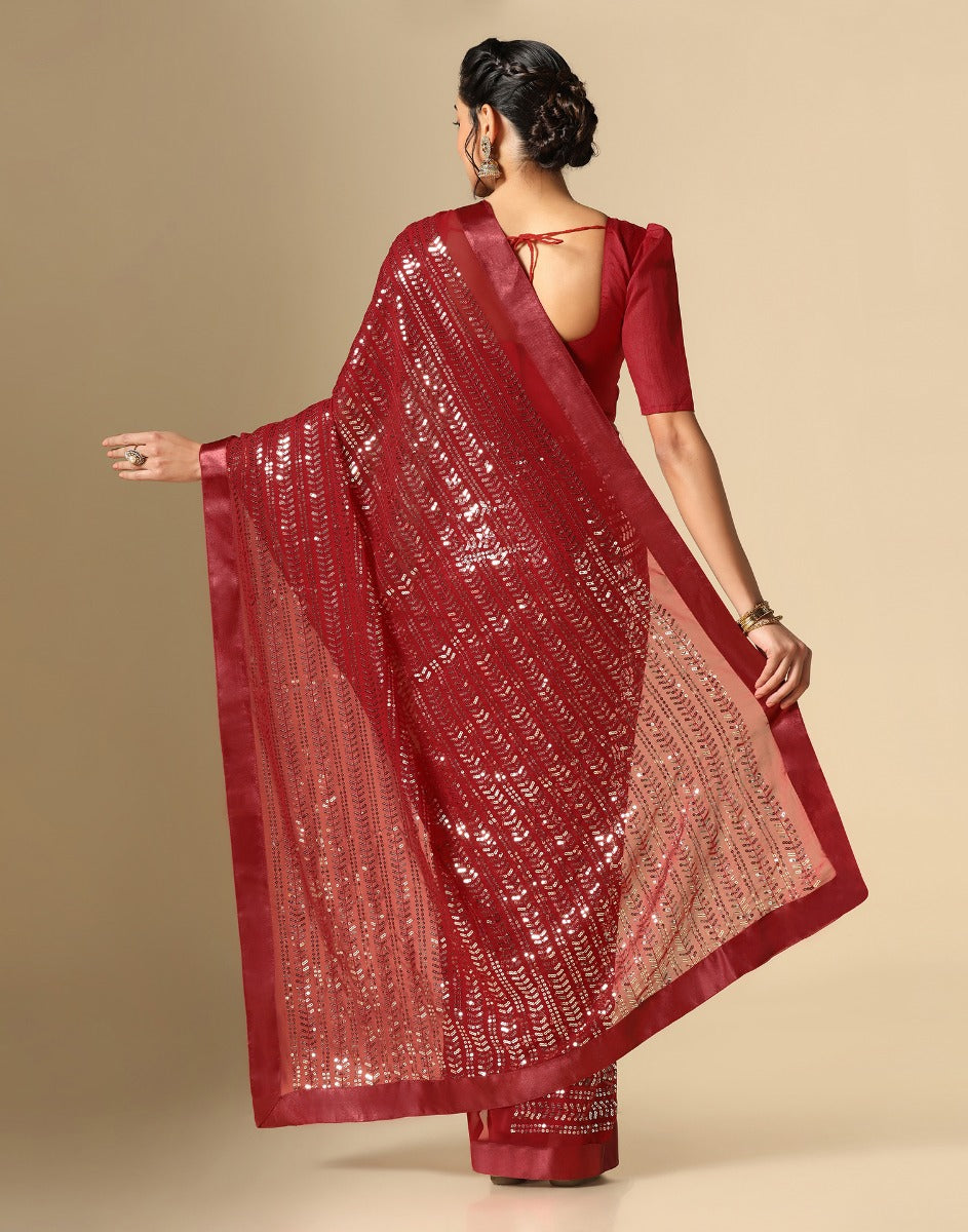 Maroon Georgette Sequence Saree | Leemboodi