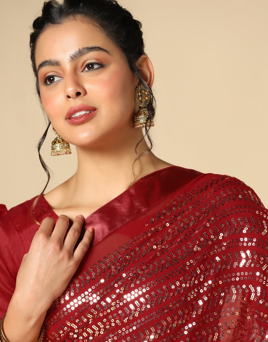 Maroon Georgette Sequence Saree | Leemboodi