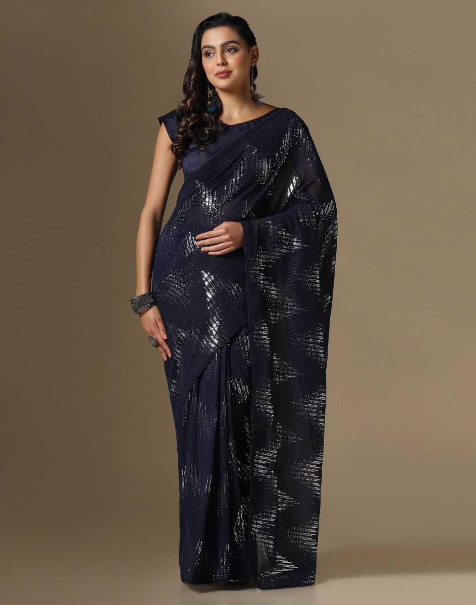 Navy Blue Georgette Sequence Saree | Leemboodi