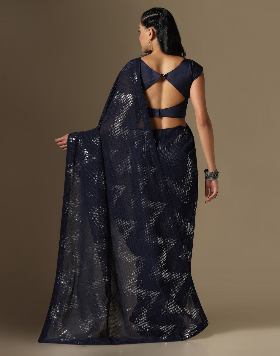 Navy Blue Georgette Sequence Saree | Leemboodi
