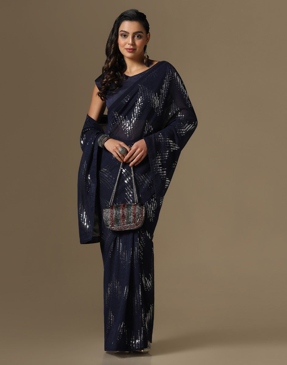 Navy Blue Georgette Sequence Saree | Leemboodi