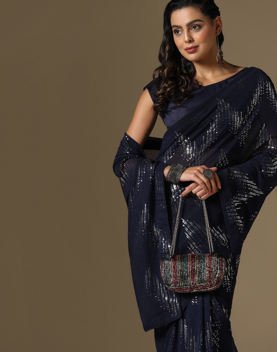 Navy Blue Georgette Sequence Saree | Leemboodi