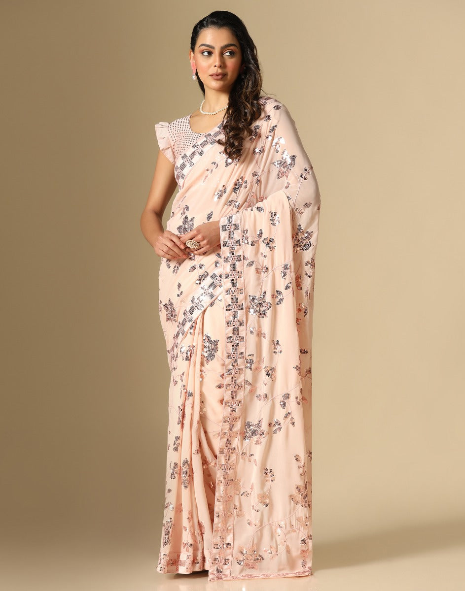 Peach Georgette Sequence Saree | Leemboodi