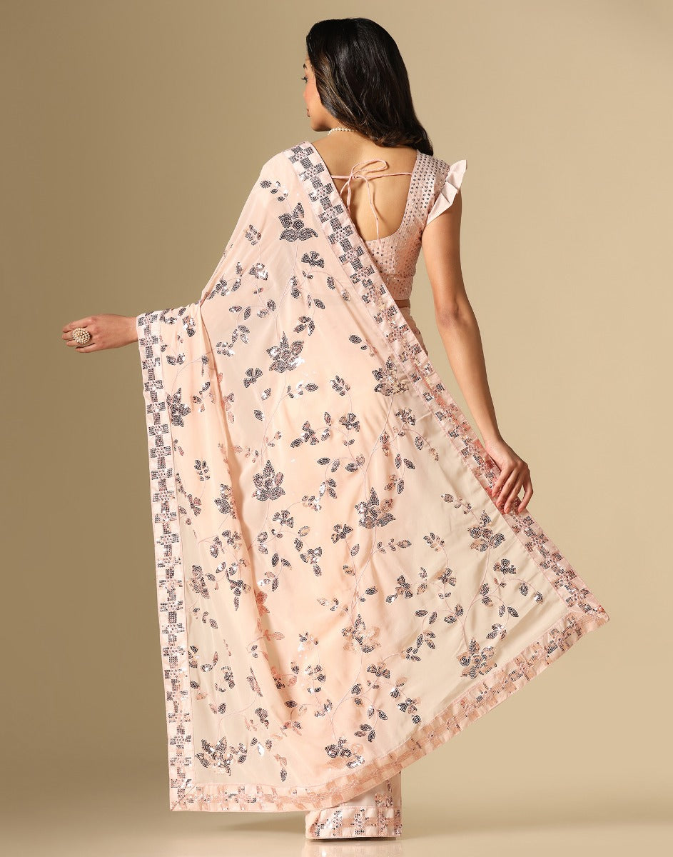 Peach Georgette Sequence Saree | Leemboodi