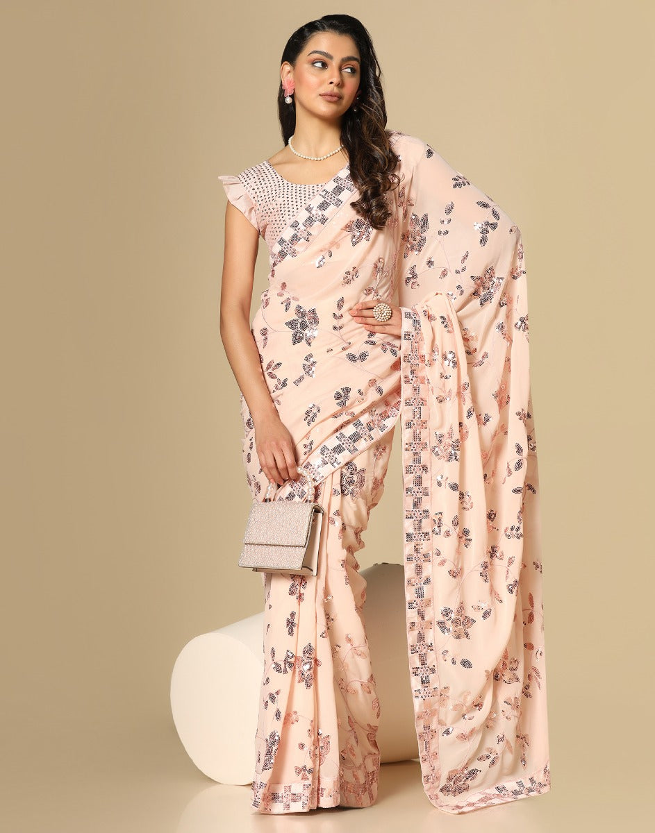 Peach Georgette Sequence Saree | Leemboodi