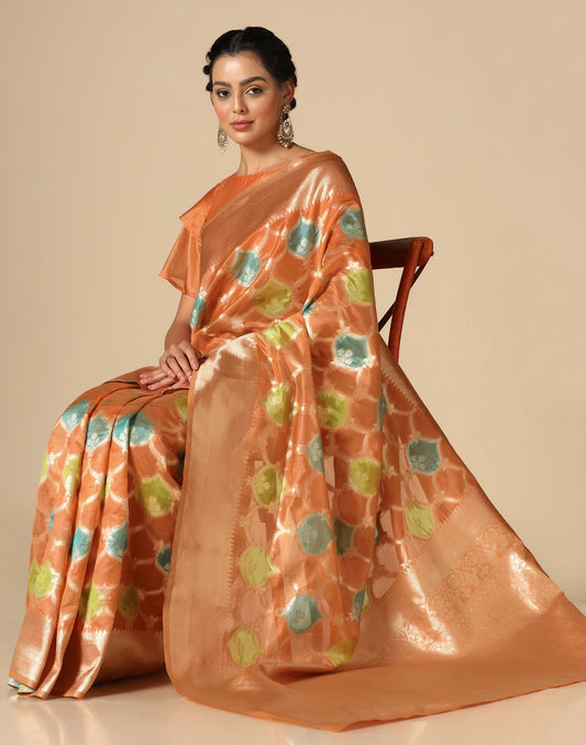 Orange Banarasi Organza Saree | Leemboodi