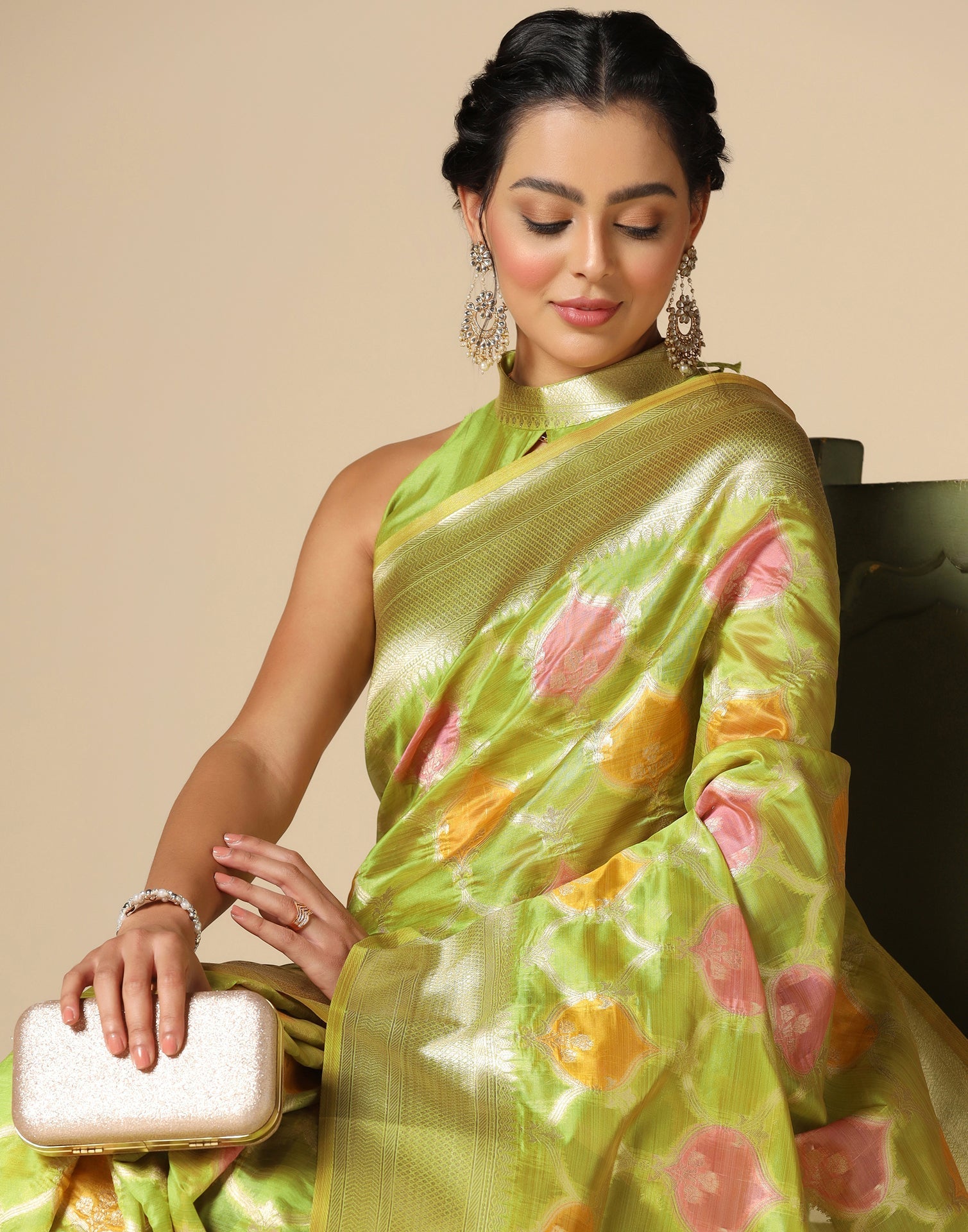 Pear Green Banarasi Organza Saree | Leemboodi