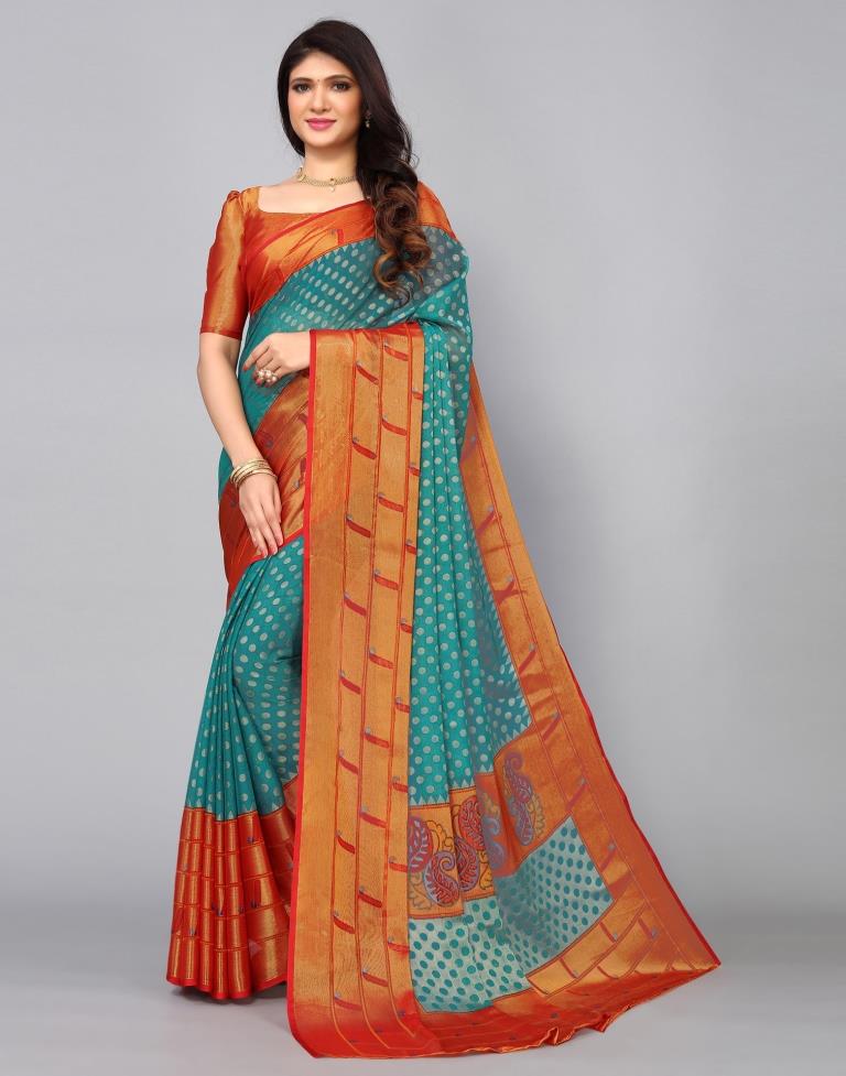 Turquoise Green Brasso Printed Woven Saree | Leemboodi