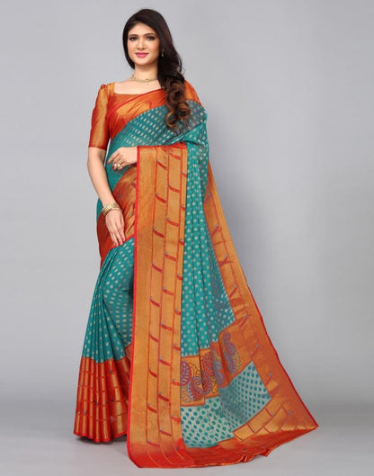 Turquoise Green Brasso Printed Woven Saree | Leemboodi